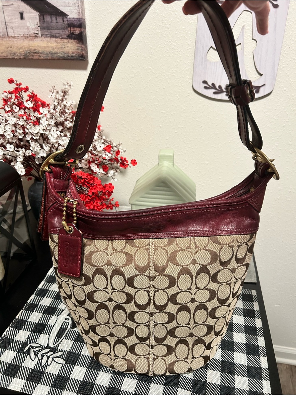 Coach Bleecker Beige Signature Canvas Bucket Bag with Burgundy Trim